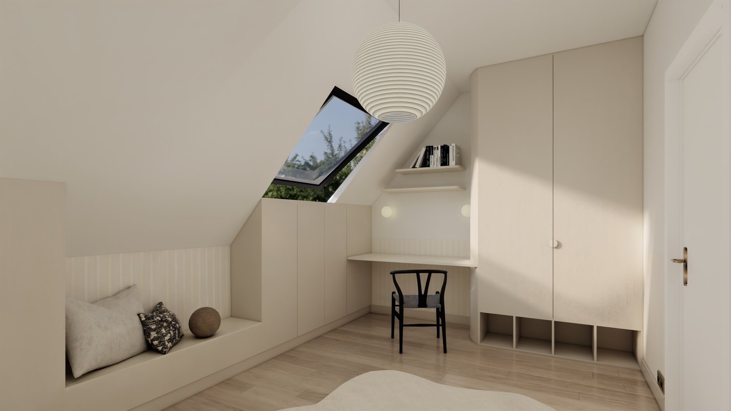 Chambre sous combles — coin bureau et rangements sur mesure
