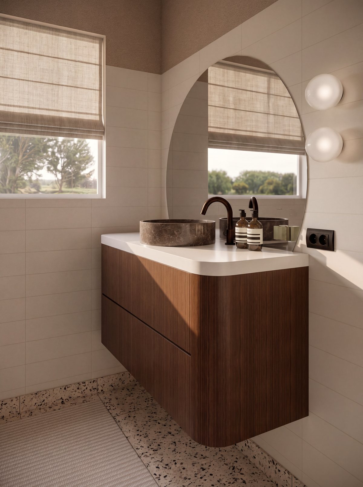 Salle de bain avec vasque en pierre et meuble en noyer, Instagram AM Bien-être intérieur
