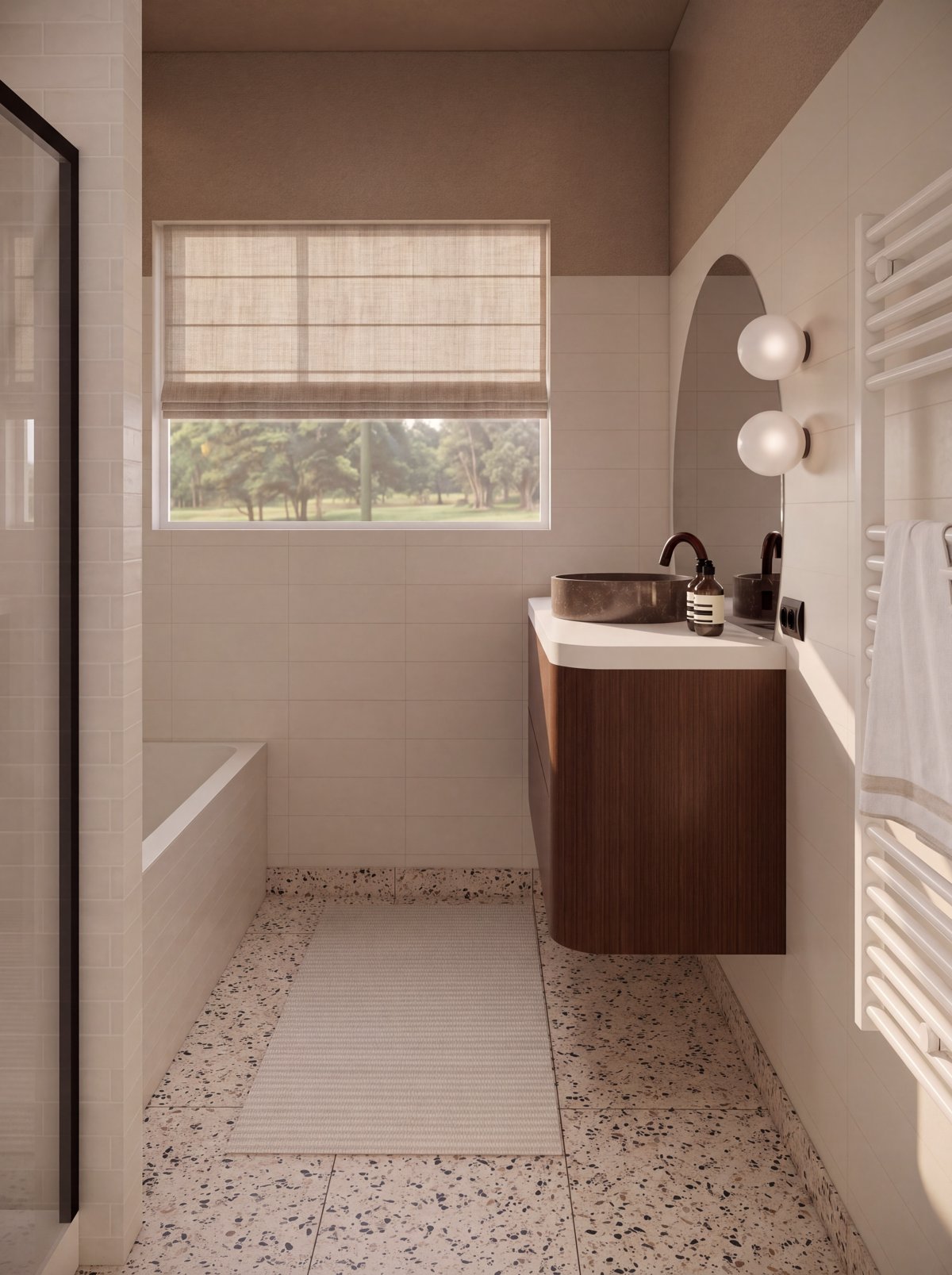 Salle de bain apaisante avec fenêtre ouverte sur un parc